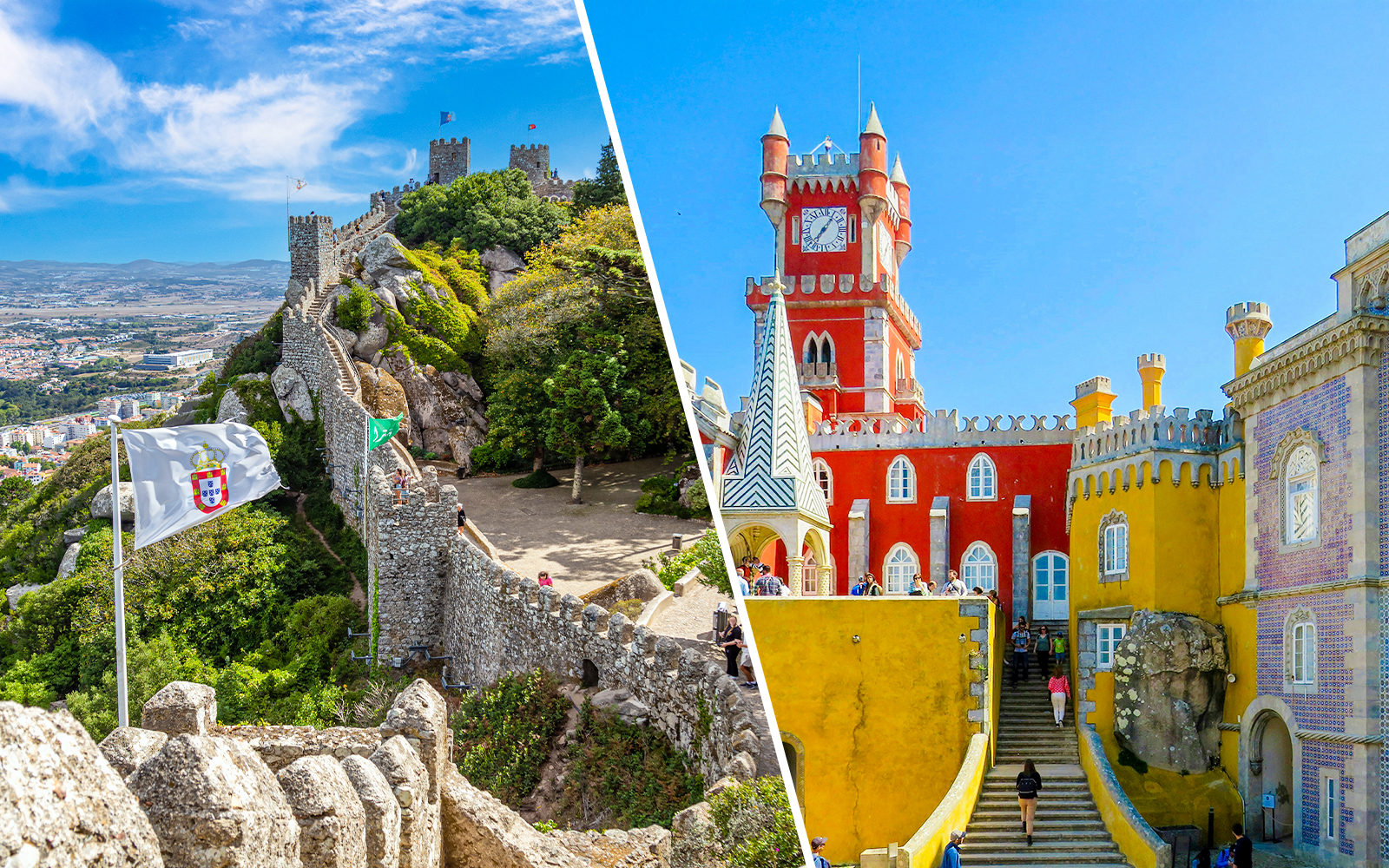 Moorish Castle walls and colorful Pena Palace in Sintra, Portugal.