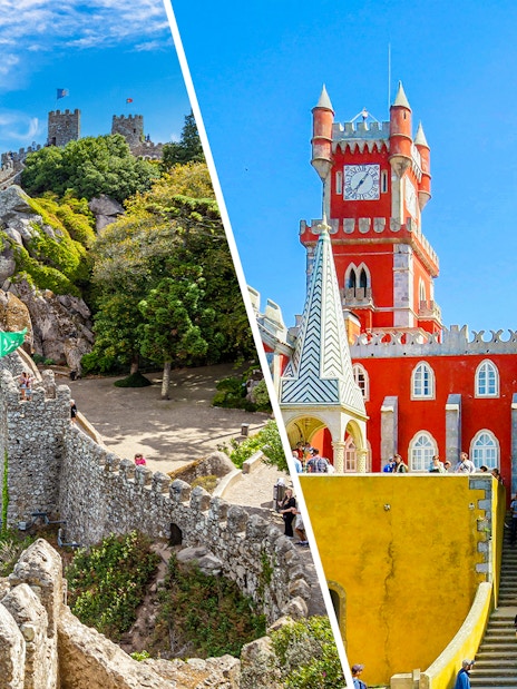 Moorish Castle walls and colorful Pena Palace in Sintra, Portugal.