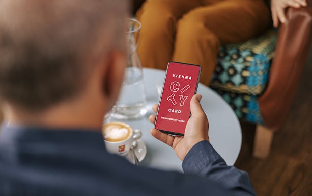 Person holding a phone displaying the Vienna City Card app.