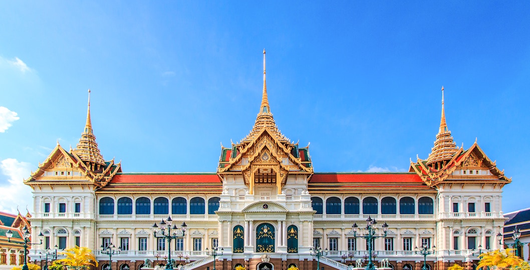 Chakri Maha Prasat Throne Hall with ornate spires in Bangkok, Thailand.