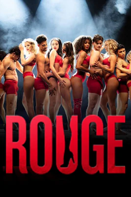 Rouge show performers on stage at Paris cabaret, vibrant costumes, lively dance.