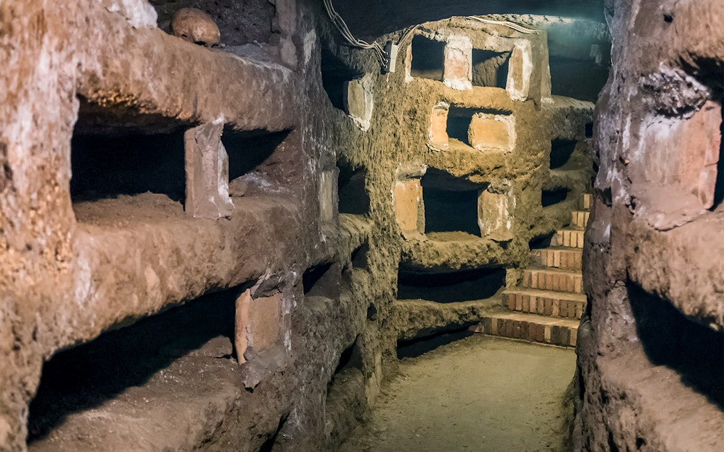 Catacombs of San Pancrazio with ancient burial niches, Trastevere, Rome.