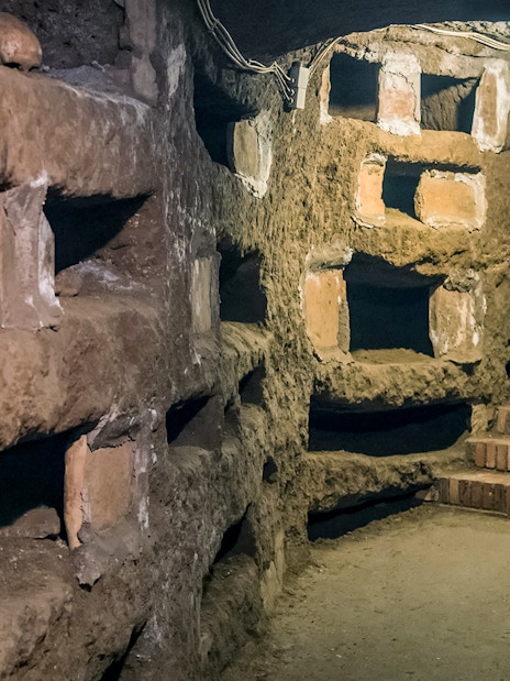 Catacombs of San Pancrazio with ancient burial niches, Trastevere, Rome.