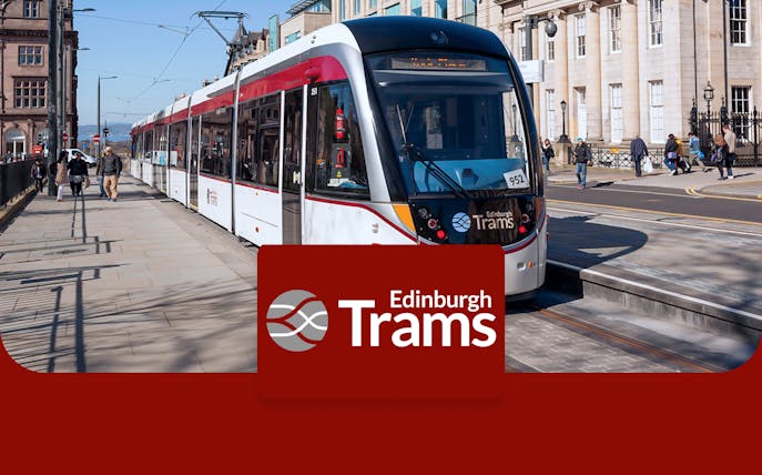 Edinburgh tram at a city stop, offering one-way tickets to/from Edinburgh Airport.