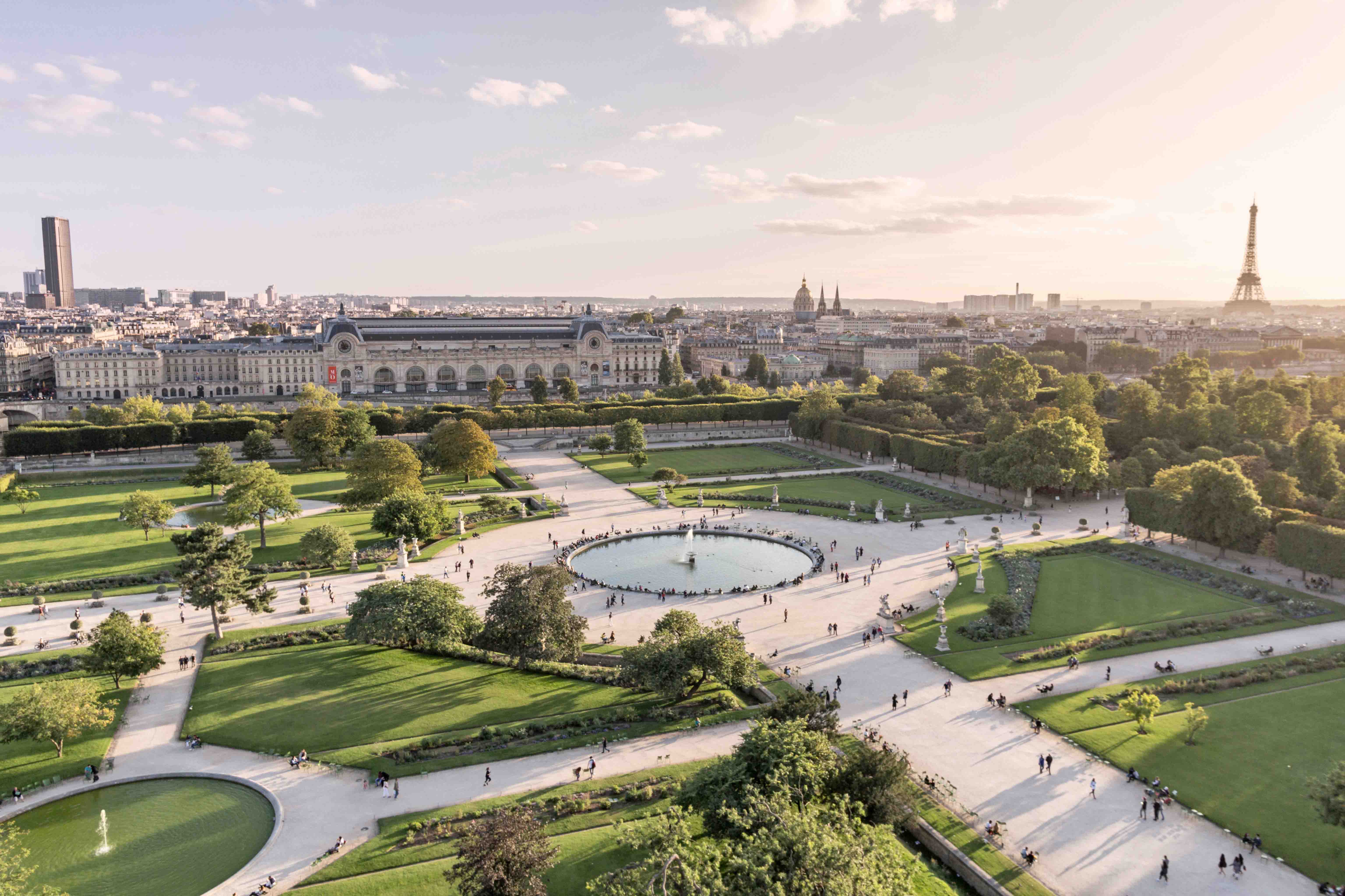 Aerial view of Tuileries Garden in Paris, showcasing pathways and greenery.