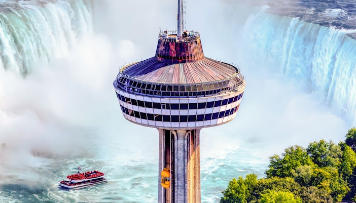 Skylon Tower overlooking Niagara Falls, Canada, with observation deck and surrounding cityscape.