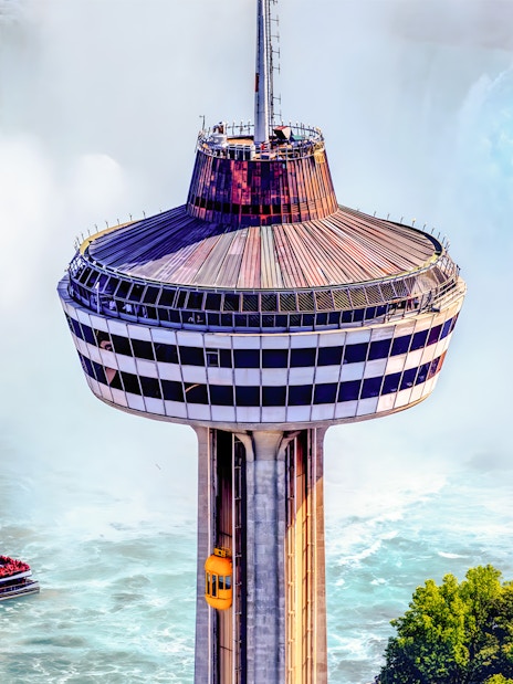 Skylon Tower observation deck overlooking Niagara Falls with cityscape, Canada.