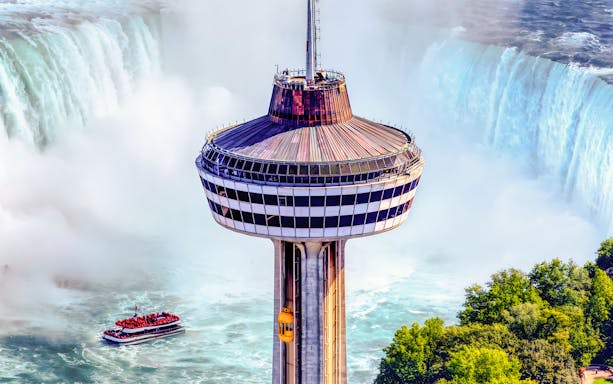 Skylon Tower observation deck overlooking Niagara Falls with cityscape, Canada.