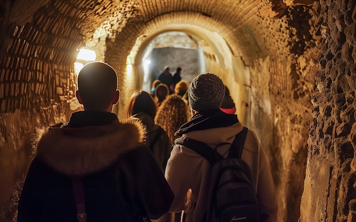 Group exploring ancient underground catacombs on a guided tour.