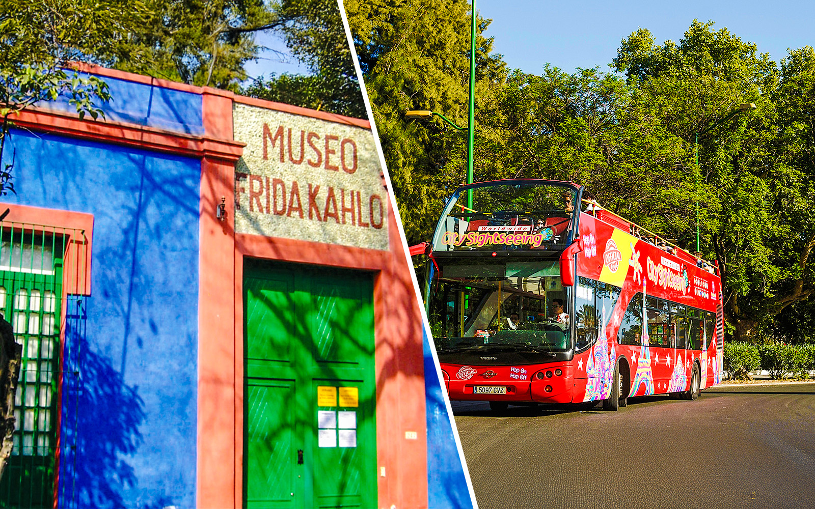 Frida Kahlo Museum entrance with hop-on hop-off bus parked nearby in Mexico City.