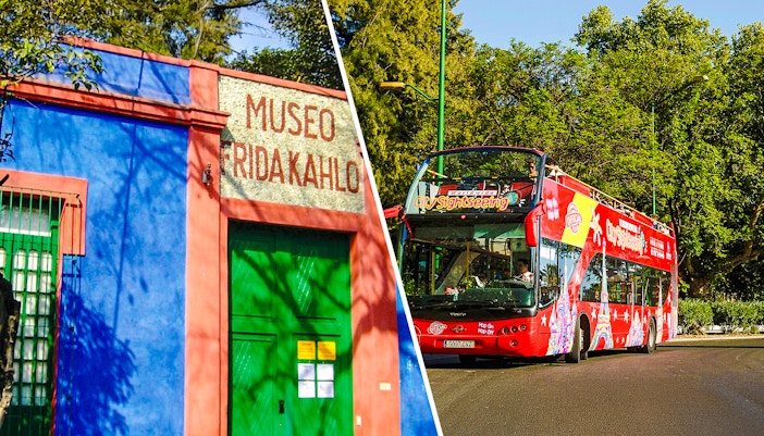 Frida Kahlo Museum entrance with hop-on hop-off bus parked nearby in Mexico City.