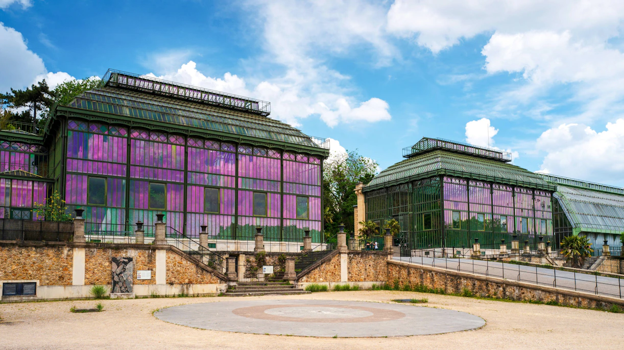 Reflections on greenhouse glass at Jardin des Plantes, Paris, France.