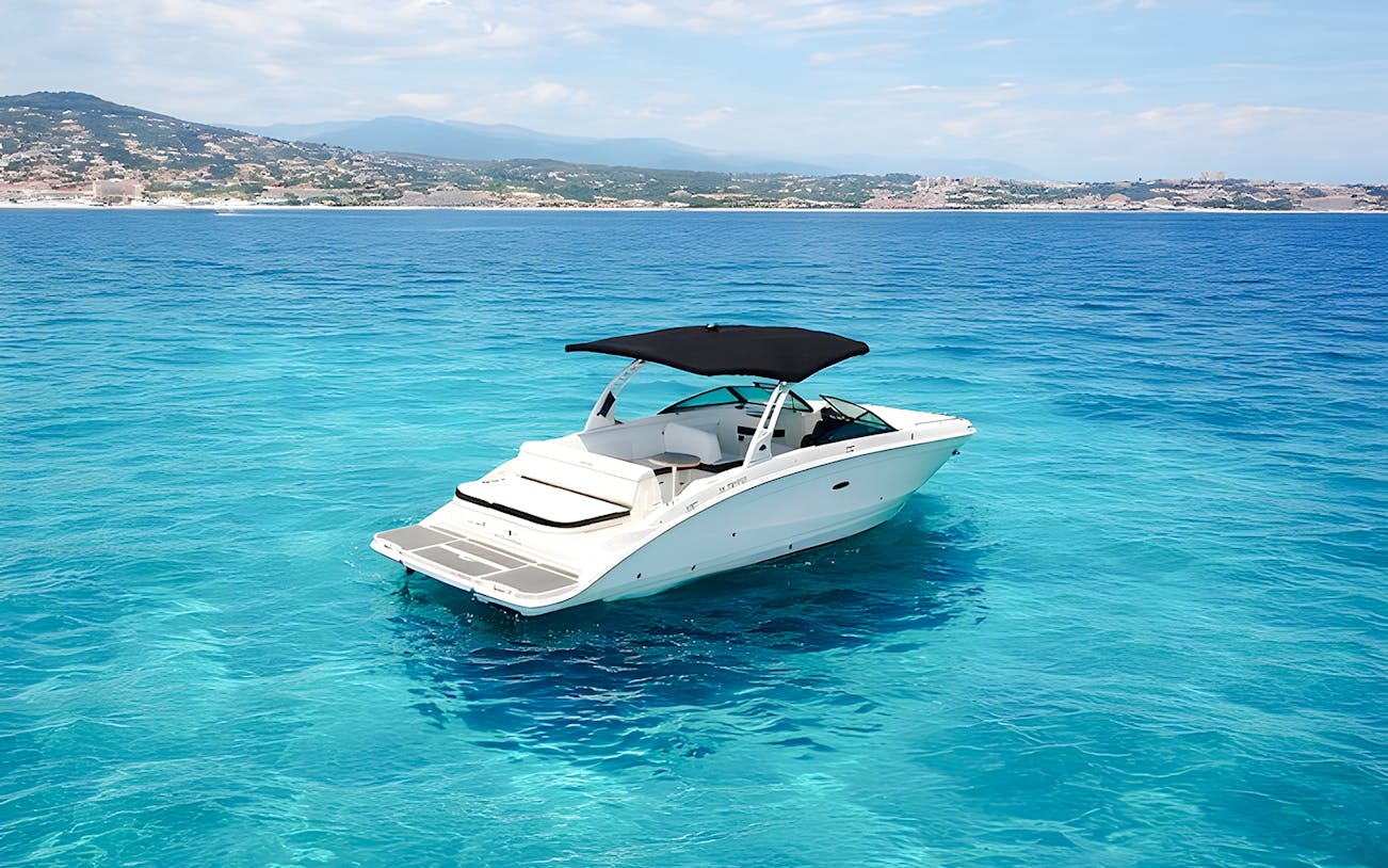 Luxury yacht Sea Ray cruising near Lerins Islands with captain.