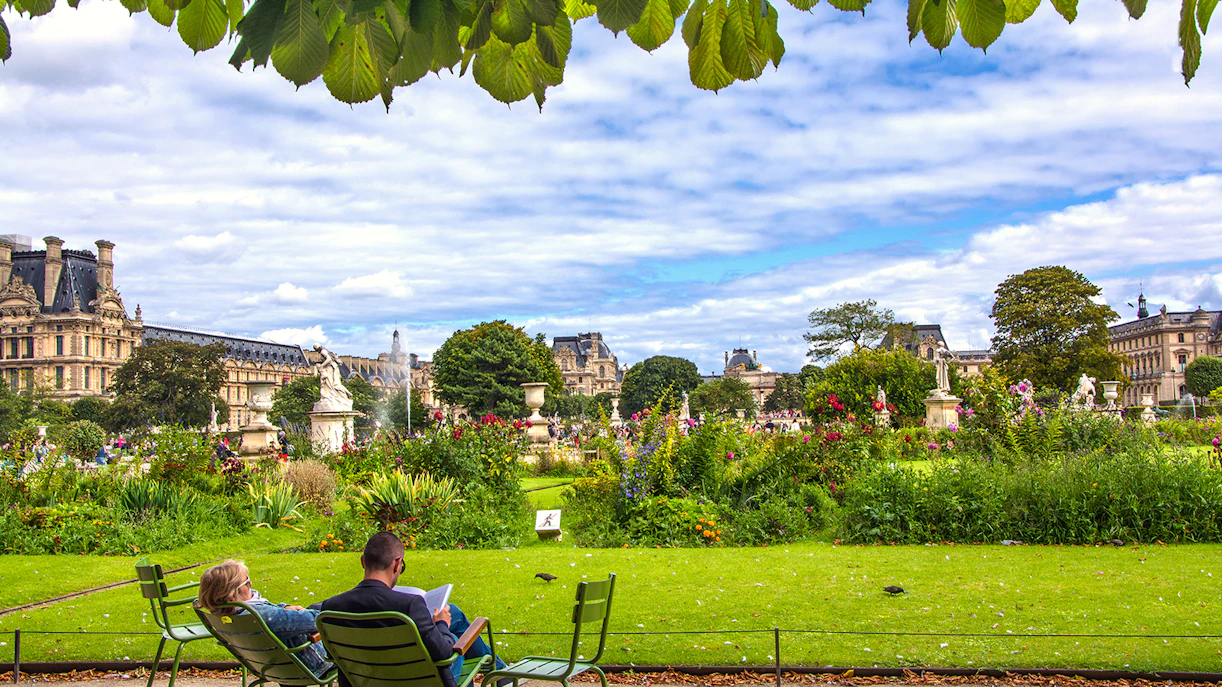 Visitors relaxing in the Tuileries Garden near the Orangerie Museum