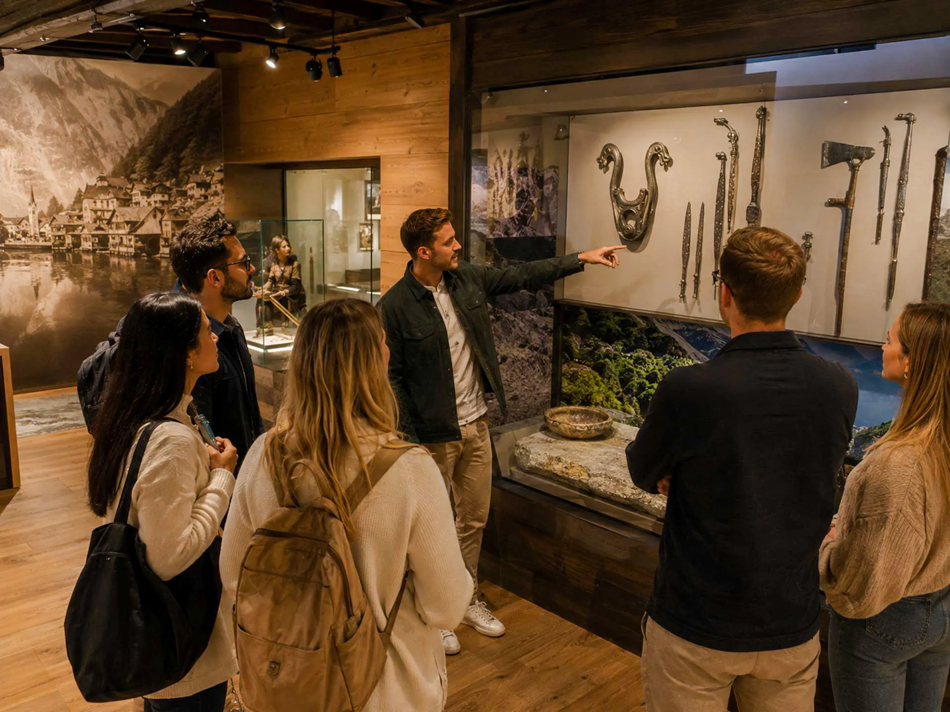 Visitors observing historical artifacts in a Hallstatt museum exhibit, Salzburg trip.