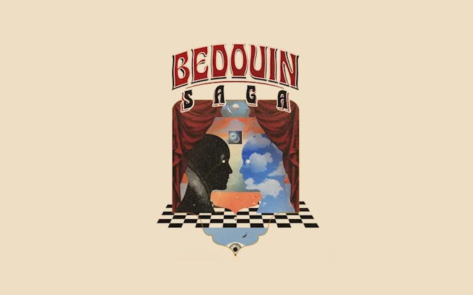 Bedouin Saga Ibiza event poster with abstract art and checkered floor