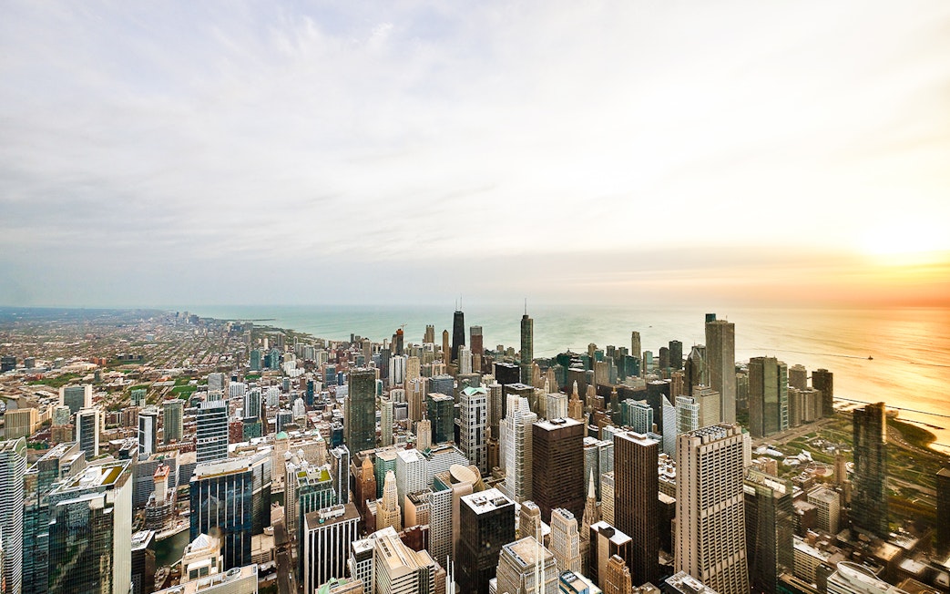 Skyline view from Skydeck at Willis Tower, Chicago, overlooking Lake Michigan.