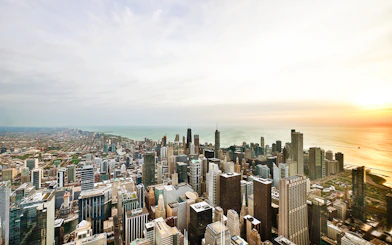 Skyline view from Skydeck at Willis Tower, Chicago, overlooking Lake Michigan.