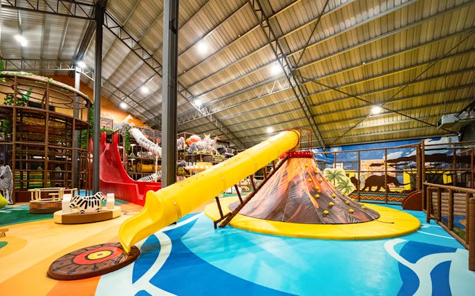 Indoor safari playland with a yellow slide and animal-themed decor.