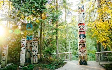 Totem poles surrounded by forest at Capilano Suspension Bridge Park.