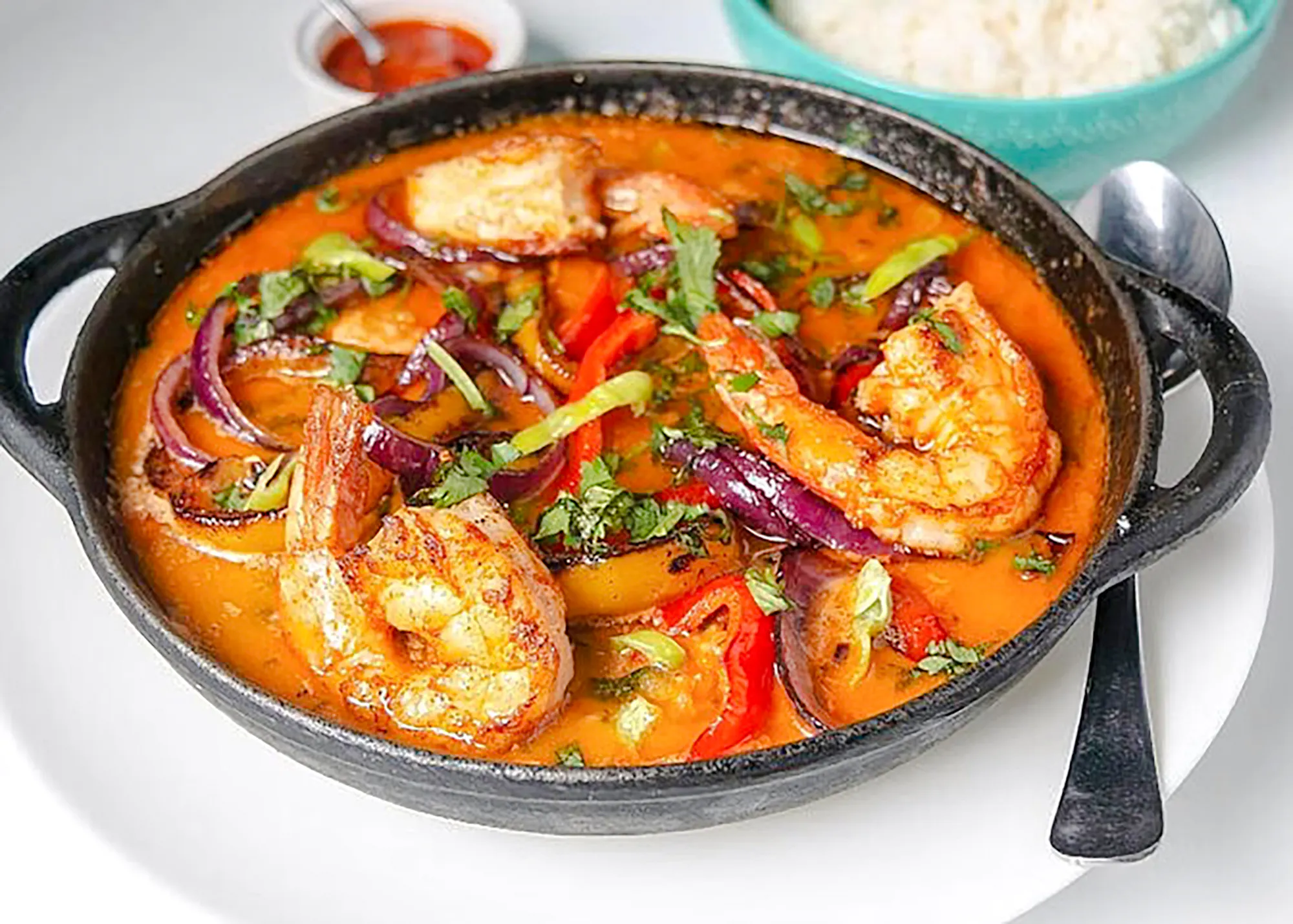 Shrimp moqueca dish prepared in Brazilian cooking class, Copacabana, Rio de Janeiro.