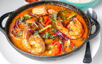 Shrimp moqueca dish prepared in Brazilian cooking class, Copacabana, Rio de Janeiro.