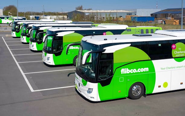 Flibco shuttle buses parked for Charleroi airport transfer.