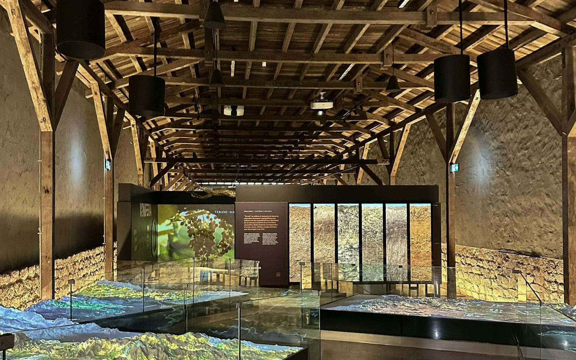 Exhibit room at Viña Concha y Toro wine center in Santiago, Chile displaying vineyard projections.