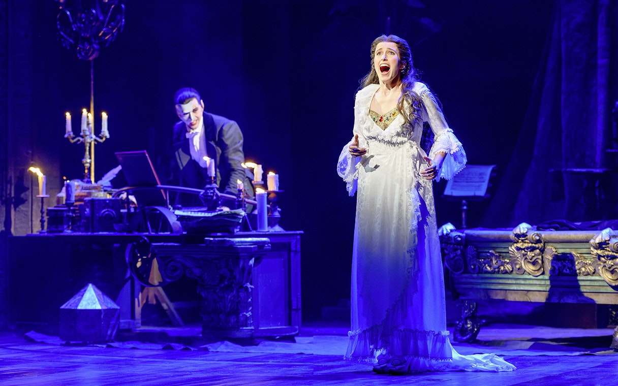 Actors performing a scene from "The Phantom of the Opera" musical in Vienna.