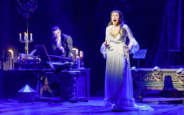 Actors performing a scene from "The Phantom of the Opera" musical in Vienna.