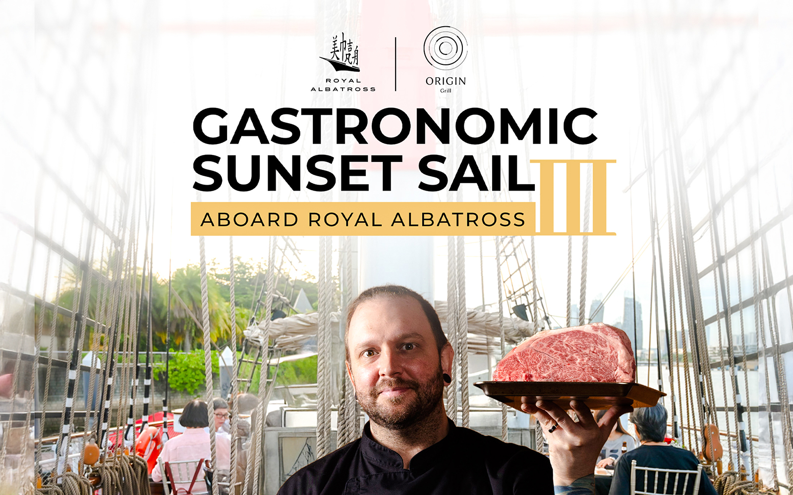 Chef holding steak aboard Royal Albatross during sunset dinner cruise.