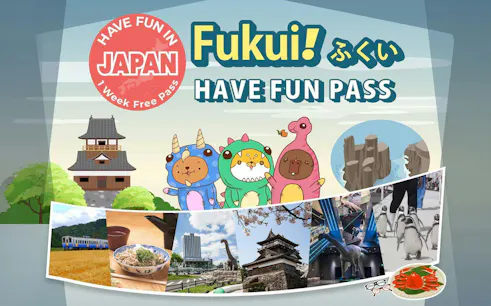 Fukui attractions collage with castle, dinosaurs, penguins, and local cuisine.