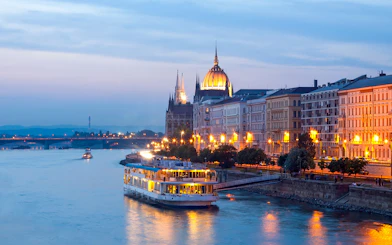 River cruise on the Danube with view of the Hungarian Parliament in Budapest.