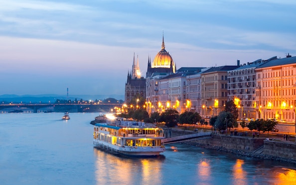 River cruise on the Danube with view of the Hungarian Parliament in Budapest.