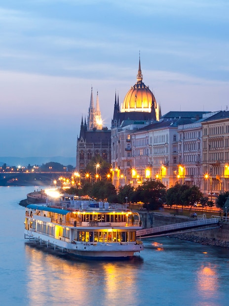 River cruise on the Danube with view of the Hungarian Parliament in Budapest.