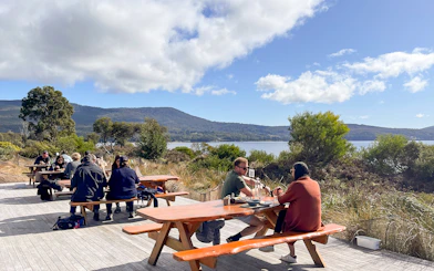 Tour group dining outdoors with scenic Bruny Island coastline in background, Hobart day trip.