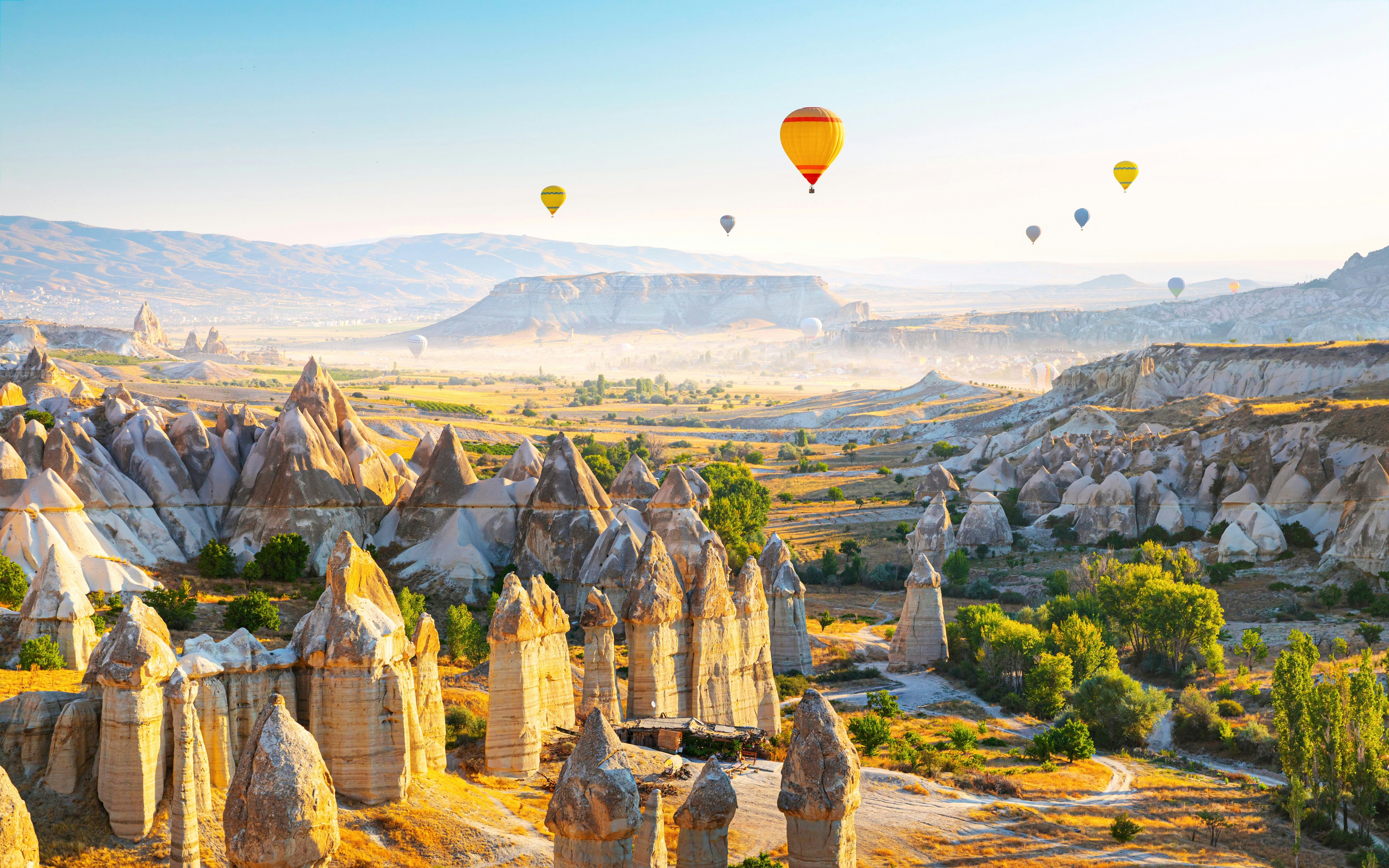 Fairy Chimneys and hot air balloons in Cappadocia, Turkey.