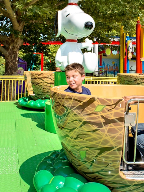 Visitors enjoying the Woodstock Whirlybirds ride at Dorney Park, featuring Snoopy.