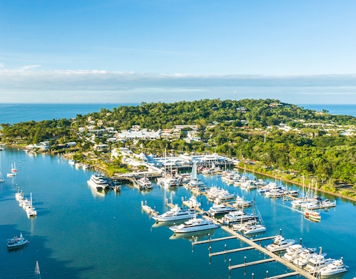 Aerial view of Port Douglas marina with yachts and lush greenery, Queensland, Australia.