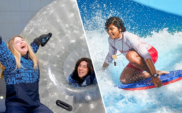 Ski Dubai Snow Park zorbing and Wild Wadi Water Park surfing experience.