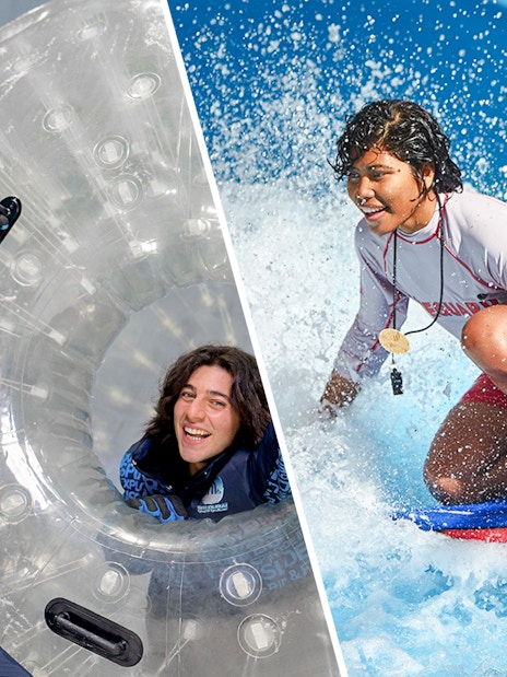Ski Dubai Snow Park zorbing and Wild Wadi Water Park surfing experience.