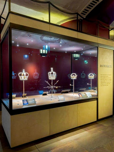 Crown jewels display at Tower of London crown exhibitions.