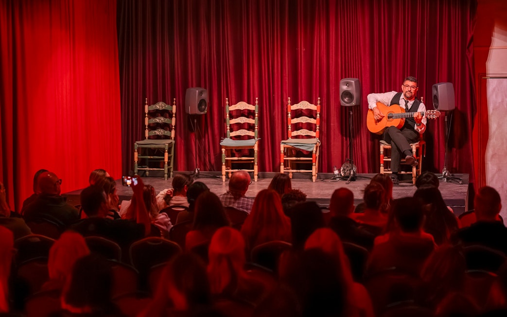 Guitarist performing at Palau Dalmases Flamenco Show in Barcelona.
