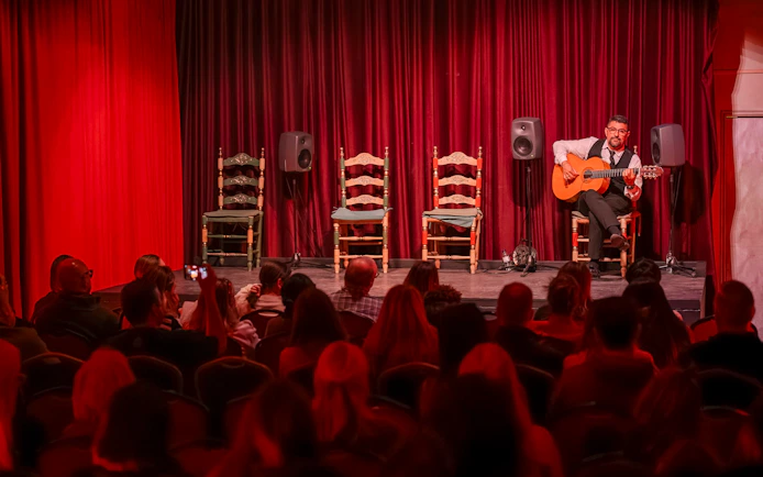Guitarist performing at Palau Dalmases Flamenco Show in Barcelona.