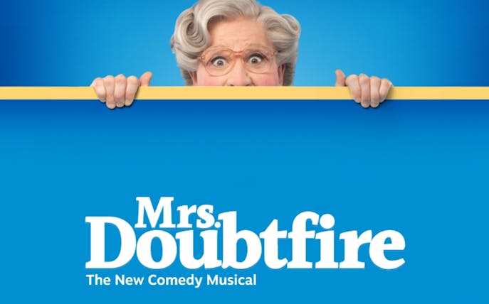 Mrs. Doubtfire musical poster with character peeking over a blue banner.