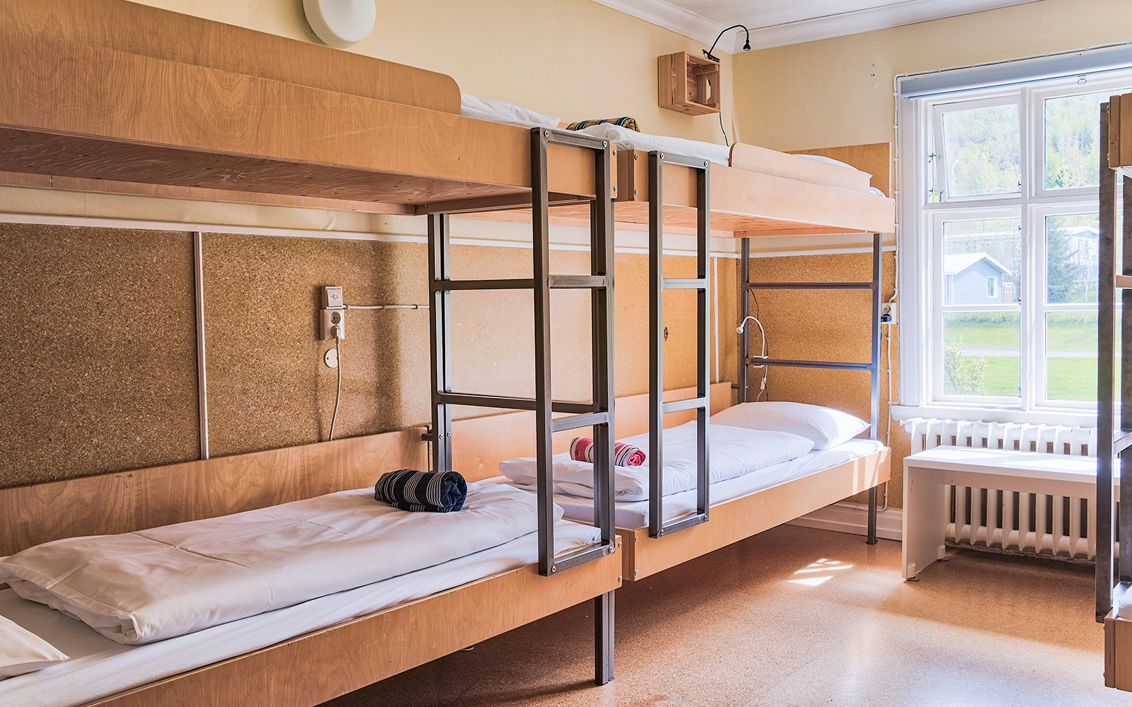 Bunk beds in a bright hostel room with a window view of greenery.