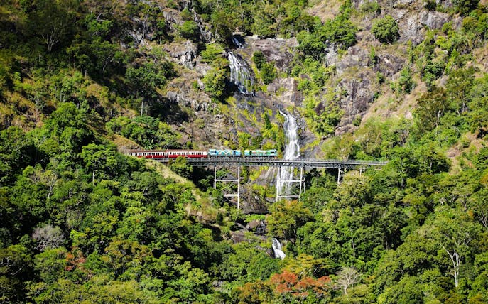 Train crossing a bridge with a waterfall in a lush forest during a scenic tour.