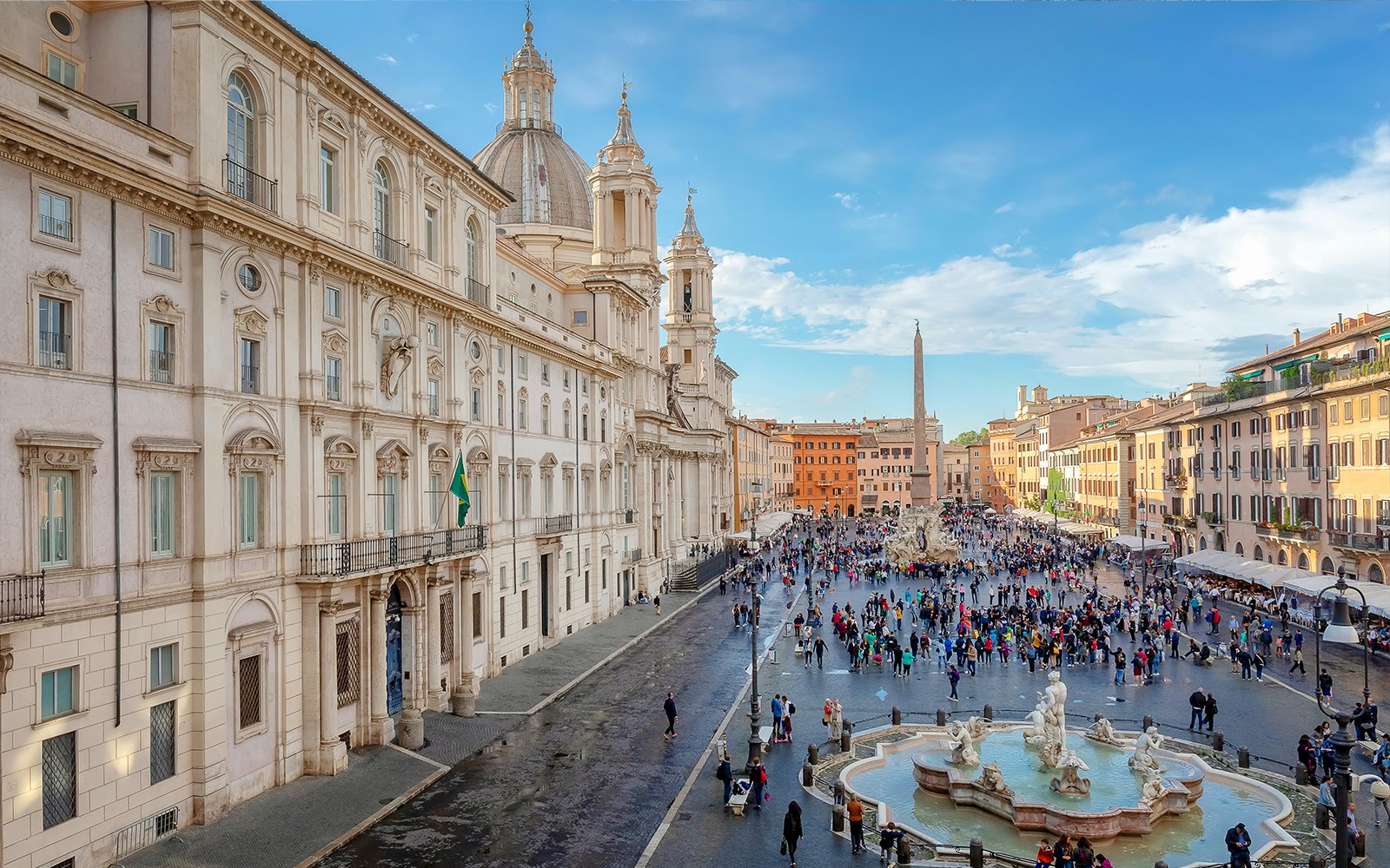 Piazza Navona in Rome with Fountain of the Four Rivers and surrounding architecture.