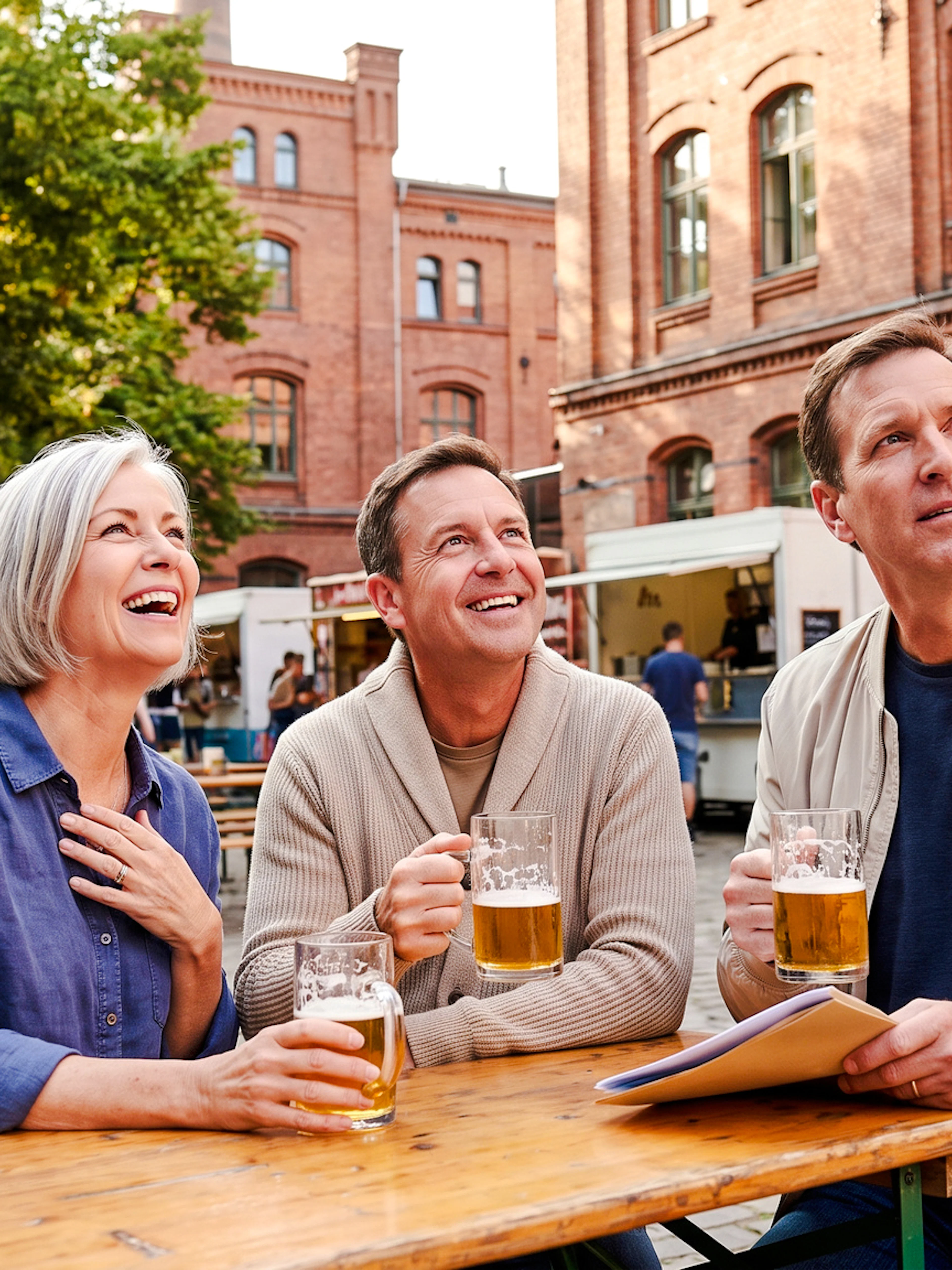 People enjoying beer at an outdoor table during Berlin Oktoberfest walking tour.