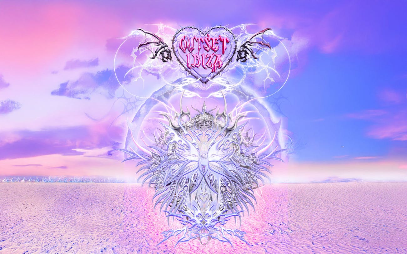 Futuristic artwork with intricate designs and "Outset Ibiza" text against a pastel sky.